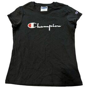 Champion Girls Heritage Short Sleeve Script Logo Tee Shirt Black Size Large‎